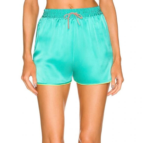 EUC DANNIJO Silk Neon Turquoise Boxing Shorts 100% Silk Sz Large Drawstring Teal - Picture 1 of 16